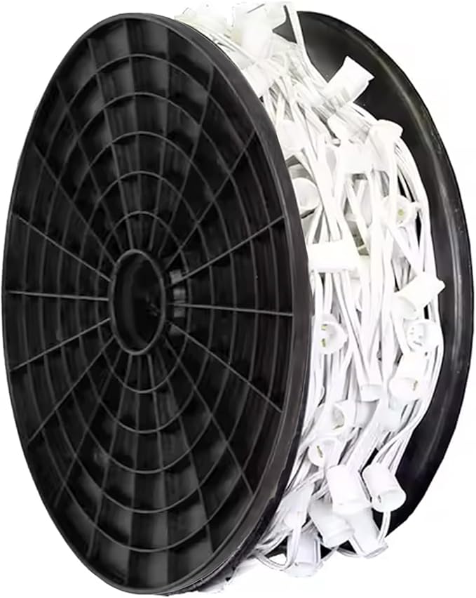 250FT C7 Light String Christmas Stringer, E12 Christmas Sockets 12" Spacing, C7 Stringer Set Green Outdoor String Light for Wedding Patio Event Lighting Decor, White Wire