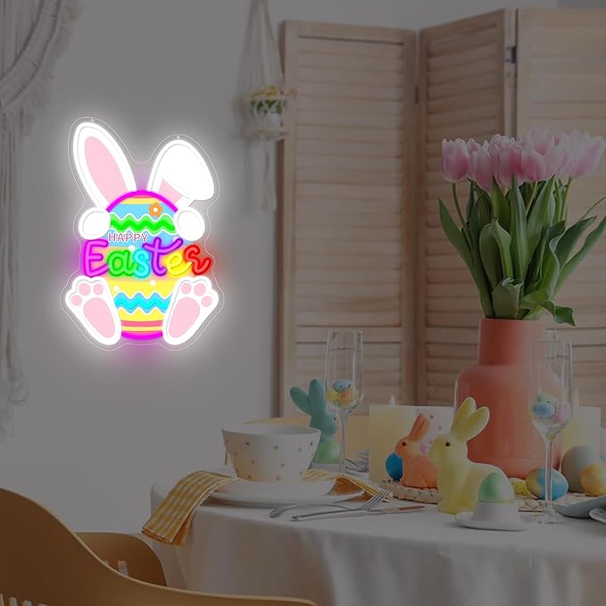 Easter Neon Sign Easter Bunny Egg Led Sign Dimmable Happy Easter Window Lights Printed Cute Bunny Light Up Signs Easters Gifts for Kids Teens Girls