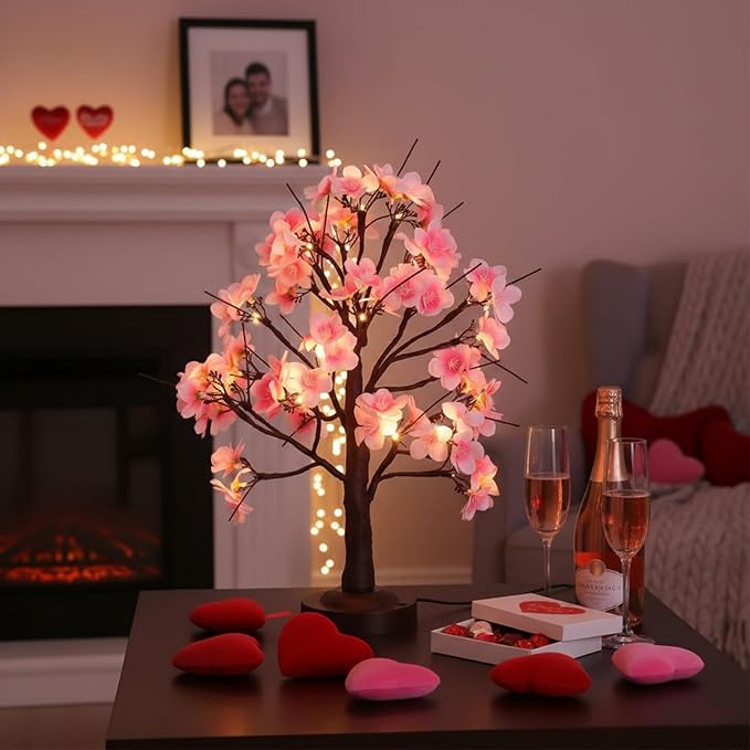 18 Inch Cherry Blossom Tree with Timer, Warm White Tabletop Spring Bonsai Tree USB/Battery Operated, Light up Artificial Tree Decorations for Christmas Indoor Mantel Home Wedding Easter Gift