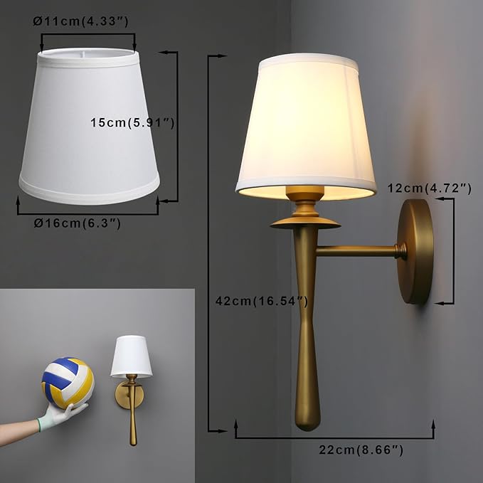 Yosoan Brass Gold Retro Boho White Fabric Wall Sconce Set of 2, Vintage Industrial Antique Indoor Hardwired Champagne Bronze Flared Fabric Shade for Bedroom Hallway Living Room