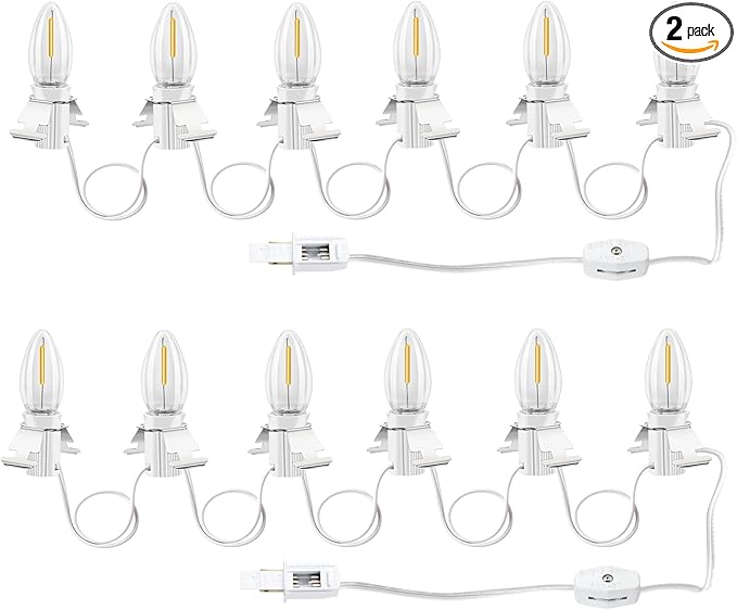Christmas Village Lights-C7 Blow Molded Light Cord wth 6 LED Bulbs Length 12 Feet.Suitable for Christmas House, Halloween Pumpkin, Salt Lamps，Holiday Lighting Etc（2Pcs）