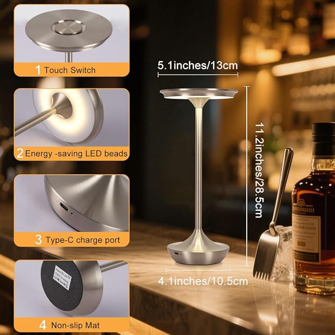 2 Pack LED Rechargeable Cordless Table Lamps,Portable Outdoor 6000 mAh Battery Operated Table Light Touch Control 3 Color Dimmable Waterproof for Patio/Cofee/Restaurant/Camping/Dining/ Bedroom-Silver