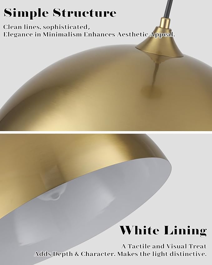 Gold Pendant Lights Kitchen Island, 16 Inch Gold Dome Pendant Light, Modern Farmhouse Pendant Light for Kitchen Island, Dining Room, Cafe, Bar, 2 Pack