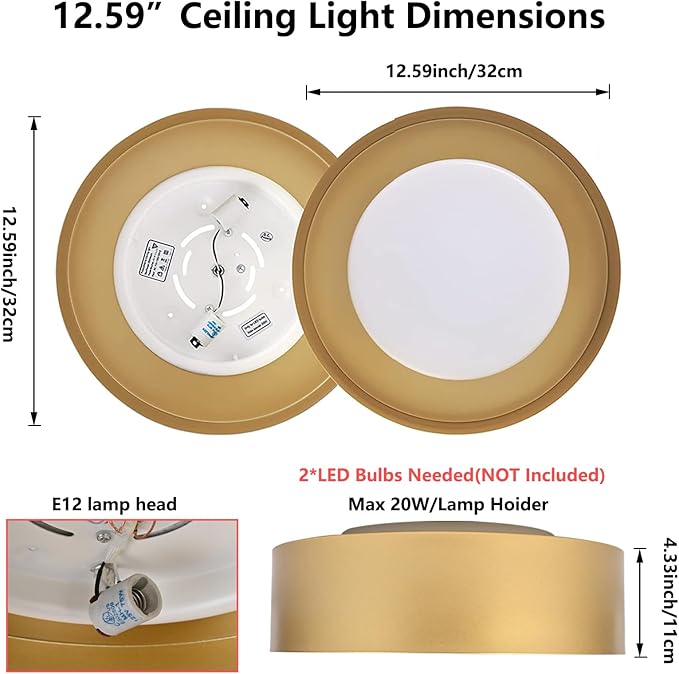Modern Flush Mount Ceiling Light,Minimalist Close to Ceiling Lighting Fixture,Gold Circular Ceiling lamp for Bedroom,Dining Room,Entry,Hallway,Balcony, Bathroom (12.5''