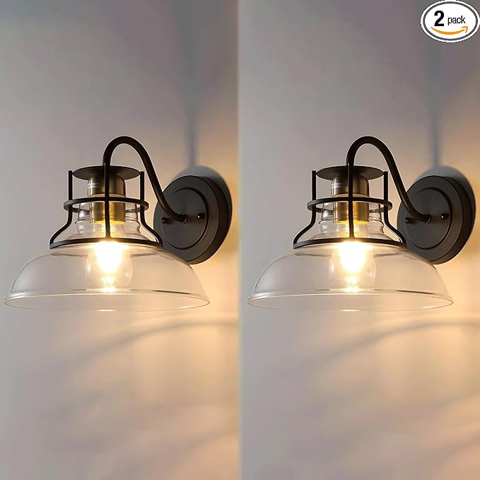 Gooseneck Barn Light Vintage Wall Lamp,Farmhouse Wall Sconces Indoor with Clear Glass Shade, Gold and Black Wall Sconce Over Kitchen Sink, for Bathroom Porch Kitchen Living Room Restaurant (2Pack)