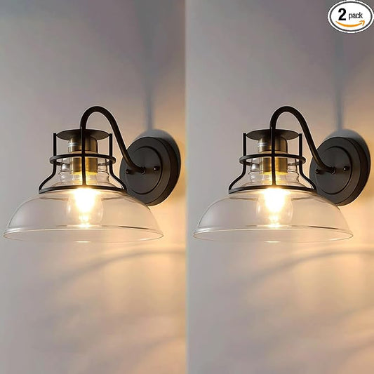 Gooseneck Barn Light Vintage Wall Lamp,Farmhouse Wall Sconces Indoor with Clear Glass Shade, Gold and Black Wall Sconce Over Kitchen Sink, for Bathroom Porch Kitchen Living Room Restaurant (2Pack)