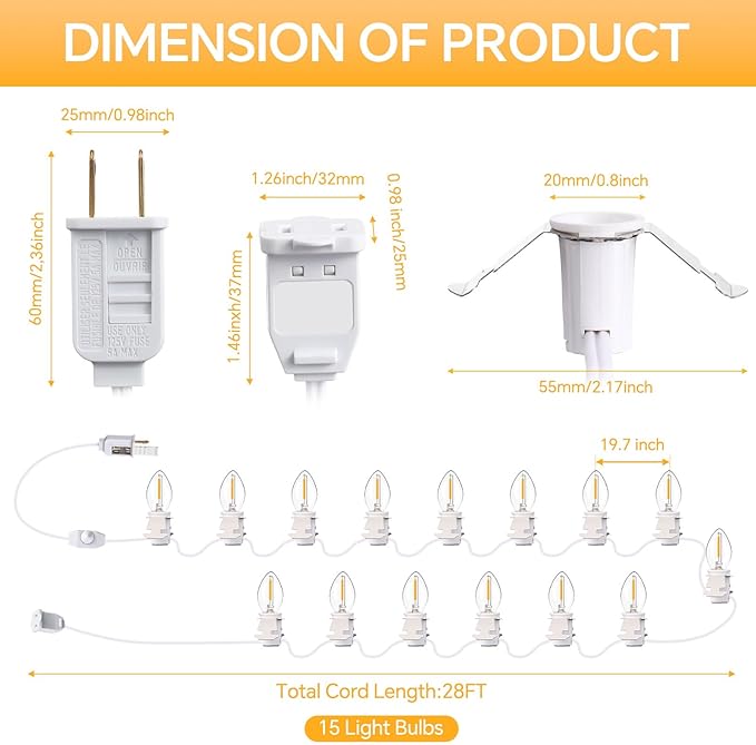 Leelosp 2 Pack Accessory Cord with 15 C7 LED Light Bulb, Christmas Village Houses Light Cord E12 Socket Blow Mold Warm White Bulb with Switch for Christmas Village Trees Crafts Holiday (28 ft)