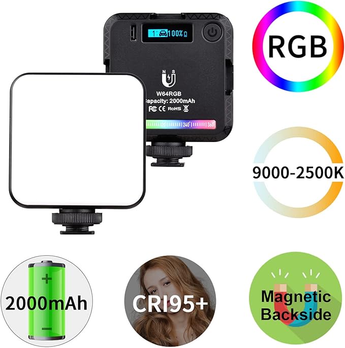 Andor Pocket RGB LED Video Light Kit CRI95 500K-9000K Dimmable 20 Magnetic Backup with Desktop Tripod Flexible Ball Head Phone Holder Computer Clip for Vlog Selfie