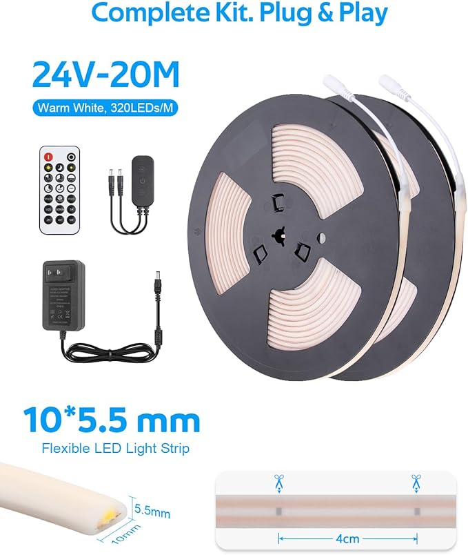 Aclorol 24V COB LED Strip Light 3000K Dimmable Outdoor LED Strip Lights Waterproof 65.6FT with Self Adhesive Even Light for Living Room Kitchen Closet Shelf Home & Outdoor Lighting (2 Rolls of 32.8FT)