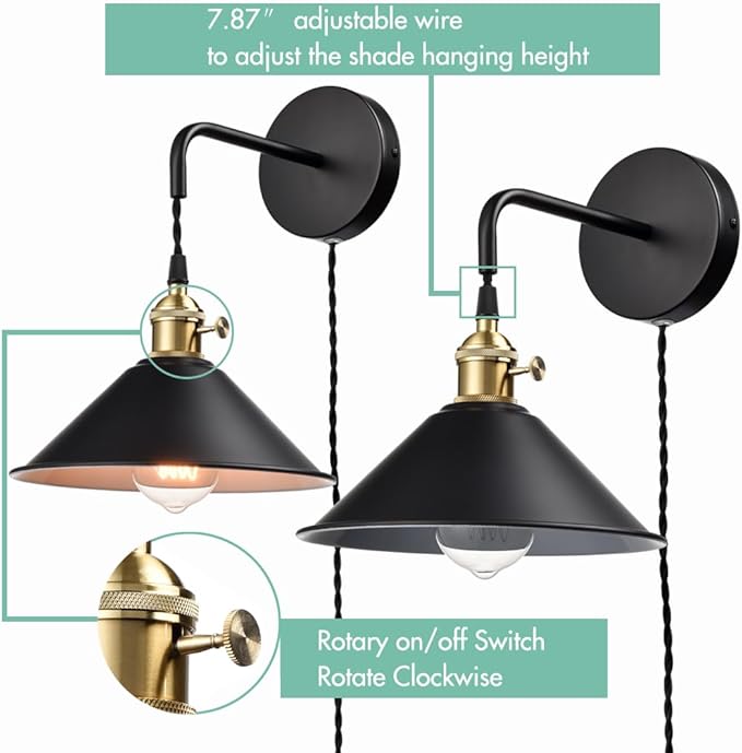 Industrial Wall Sconce 2-Pack with Hanging Height-Adjustable Black Plug-in Wall Lamp with On/Off Switch for Bedroom Bathroom Corridor Porch Patio Hallway