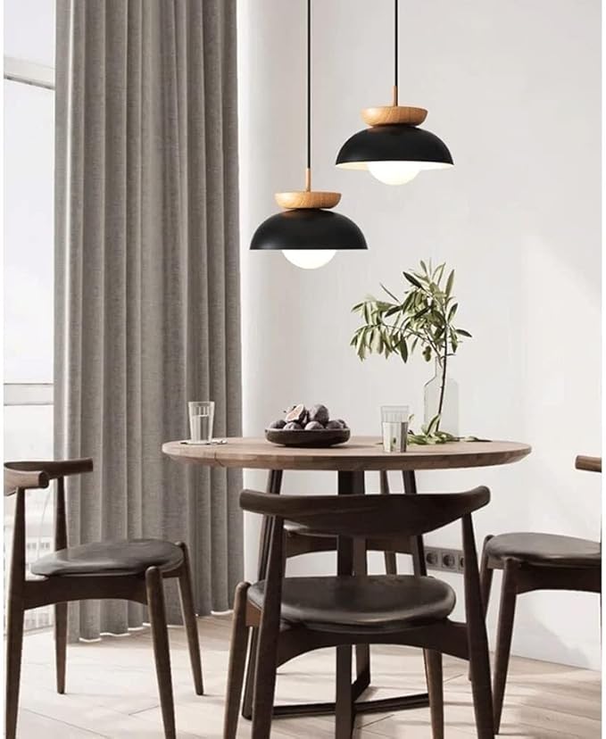 Scandinavian Modern Nordic Pendant Light with Wood Accent, Metal Dome & Frosted Globe Diffuser Suspension for Dining Table, Kitchen Island, Bedroom, Café and Entryway(Dark)