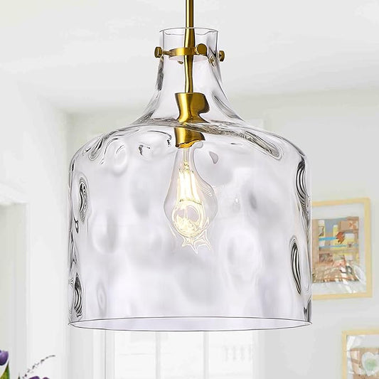 12" Farmhouse Pendant Light, Hand-Blown Clear Hammered Glass Hanging Light Fixture with Brass Gold Finish, Adjustable Chain Ceiling Light for Kitchen Island, Dining Room, Hallway, E26 Socket