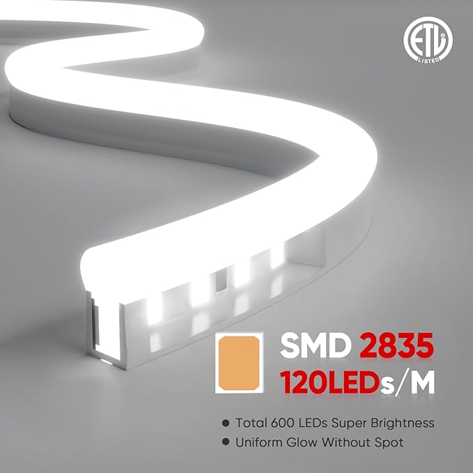 Shine Decor LED Neon Rope Lights AC 120V, ETL-Listed Flexible 120LEDs/M Dotless Strip Lighting, Custom Cuttable & IP65 Waterproof for Indoor Outdoor, 7x14.5mm, 6500K Cool White, 16.4FT