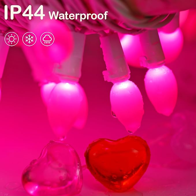 BOHON Pink LED String Lights, 17 Feet White Wire Christmas Lights, 50 Bulbs, Indoor Outdoor Valentine's Day Holiday Wedding Decorative Lighting Valentine Day Decor