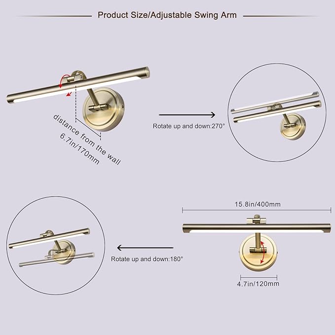 Modern Dimmable Picture Lights for Wall 15.7" Hard-Wired LED Picture Frame Lights for Paintings Gallery Light with Adjustable Swing Arm Display Lights For Artwork, 7W, 2700K, Warm White Antique Bronze