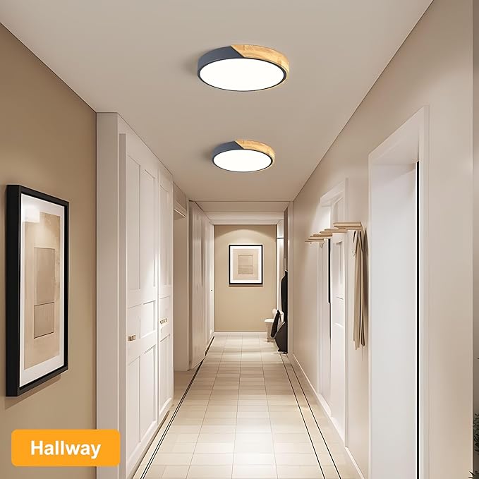 Vikaey Modern LED Ceiling Light, Minimalist Wood Flush Mount Ceiling Light Fixture, 4000K Not Dimmable, Circle Lighting Lamp with Acrylic Lampshade for Bedroom Dining Room Laundry (Grey, 11.8'')