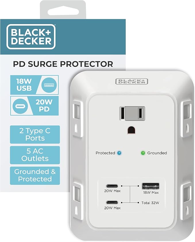 BLACK+DECKER PD USB Wall Charger Surge Protector, 5 Outlet Extender w/ 2 USB C PD & 1 USBA Charging Ports, Fast Charge 3 Sided Power Strip Multi Plug Outlets Wall Adapter for Home Office, ETL Listed