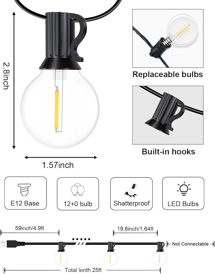 IKERY 200FT Outdoor String Lights for Backyard Porch, 106 Shatterproof Waterproof LED Bulbs, Dimmable, E12 Base
