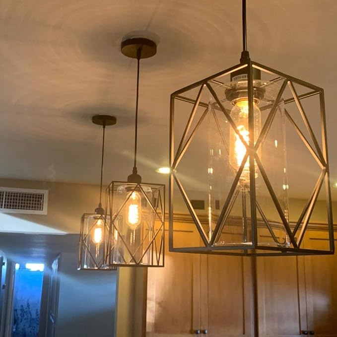 HMVPL Farmhouse Pendant Light Fixtures, Set of 2 Black Farmhouse Hanging Chandelier Lights with Glass Shade, Mini Industrial Ceiling Lamp for Kitchen Island Dining Room Over Sink Hallway Bedroom