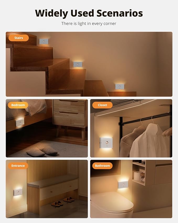 wowatt Rechargeable Motion Sensor Stair Light, White Night Lights with Magnetic Mount, Dimmable Stair Lights Indoor for Stairway, Hallway, Kitchen, Bathroom(6 Packs)