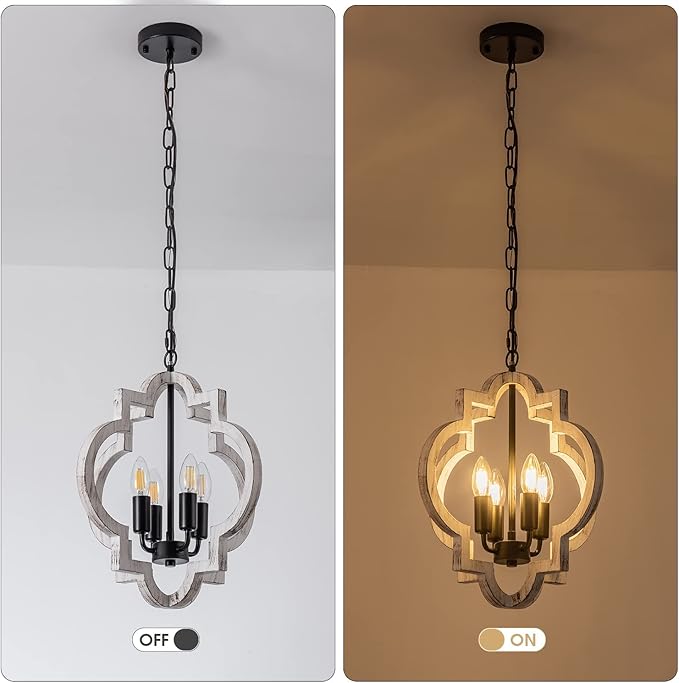 4-Light 15" Farmhouse Orb Chandelier Rustic Handmade Distressed White Wood Hanging Ceiling Pendant Light Fixture Wood Lantern Chandeliers for Dining Room Kitchen Bedroom Foyer Hallway