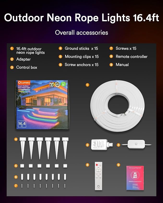 Lumary Smart Neon Rope Light for Outside, RGBAICW Flexible Color Changing Rope Light Waterproof IP65 for Pathway, DIY Scene Mode, RGB&Warm White&Cool White Work with Alexa Google Assistant, 16.4Ft