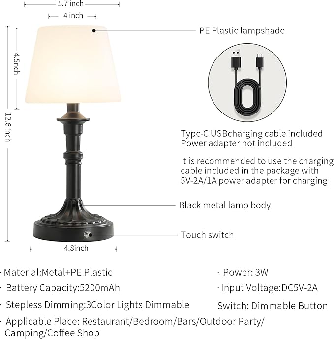 Cordless Table Lamp,Portable LED Desk Lamps,5200mAh Battery Operated, 3 Color Stepless Dimming Up,for Restaurant, Bedroom, Outdoor Camping, Coffee Shop, Night Light (Black)
