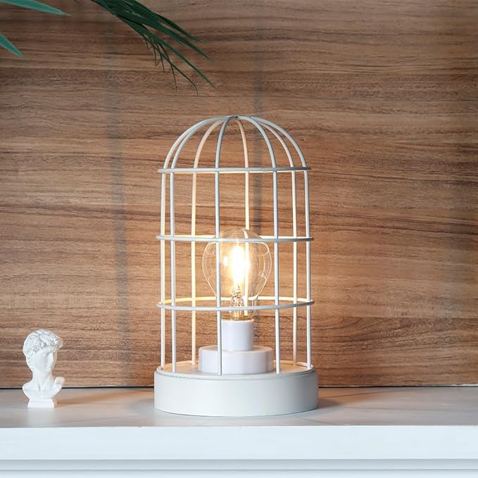 JHY DESIGN Battery Operated Lamp 10''H Decorative Table Lamp Metal Cage Cordless Lamps with LED Bulb for Home Decor Living Room Bedroom Kitchen Wedding Patio Indoor（White）