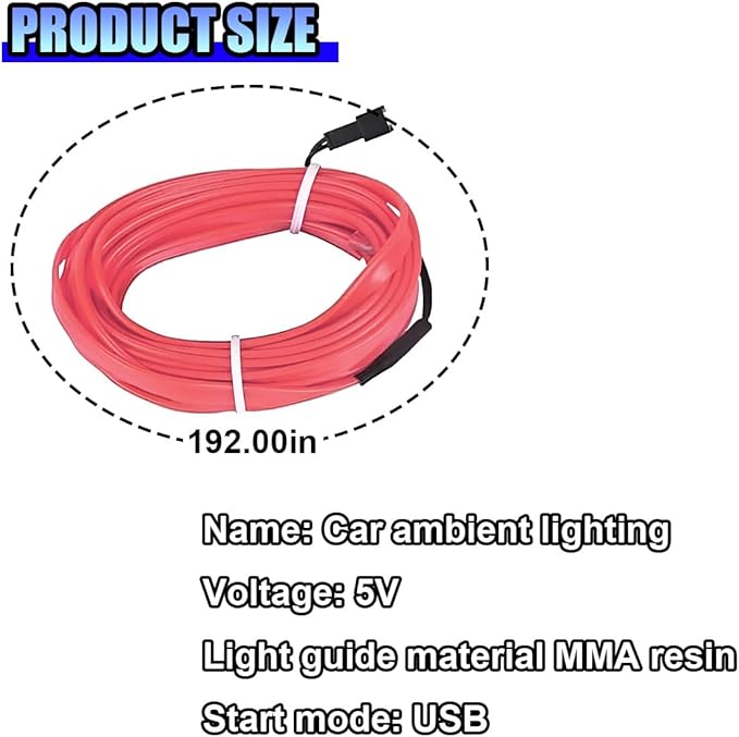 EL Wire Car Interior LED Strip Lights, 5V 16FT Neon Light Strip with Sewing Edge, USB Electroluminescent Car Interior Lights with Fuse Protection, Vehicle Ambient Lighting Decorations (Pink)