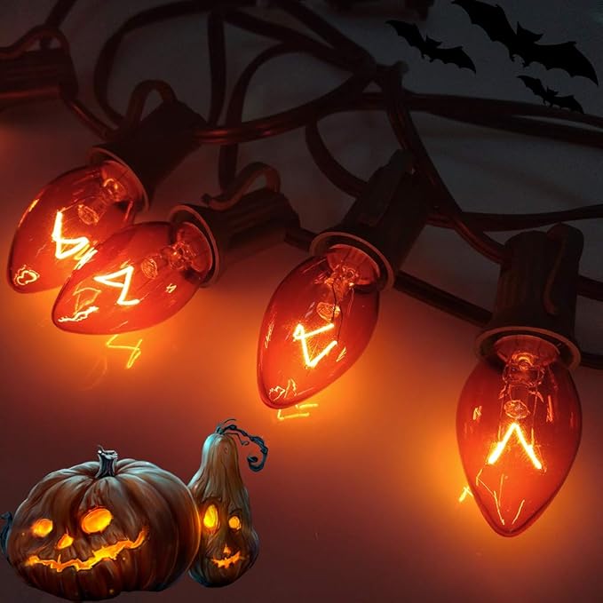 25 Pack C7 Orange Halloween Replacement Bulbs C7 Clear Outdoor String Light Replacement Bulbs, C7/E12 Candelabra Base, 5 Watt