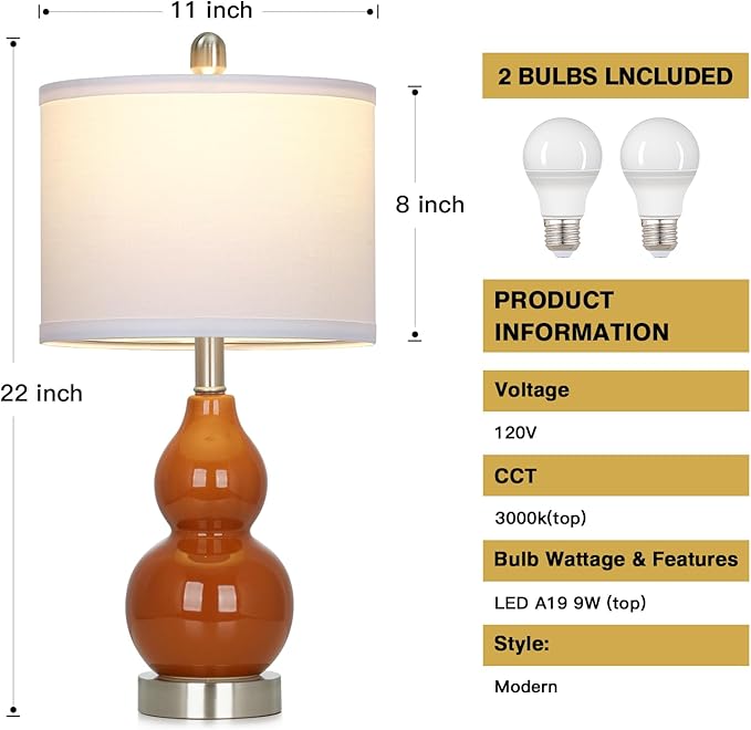 Double Gourd Ceramic Table Lamps Set of 2, Modern Red Bedside Lamps for Night Stand, Contemporary Nightstand Lamps for Bedroom Living Room (Bulb Included)