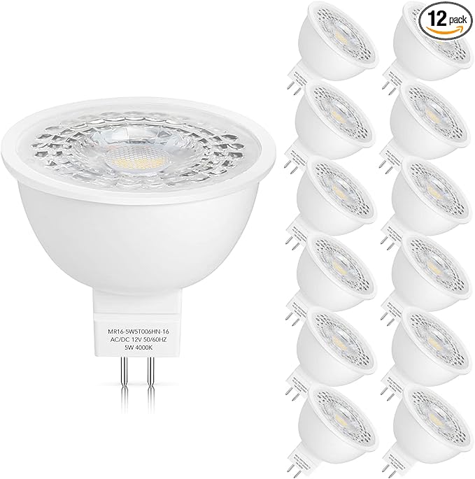 Mlambert 12 Pack MR16 LED Bulbs 50W Halogen Equivalent,4000K Neutral White,5W GU5.3 MR16 12V Spotlight Bulb,Non-Dimmable,45° Beam Angle for Landscape, Recessed