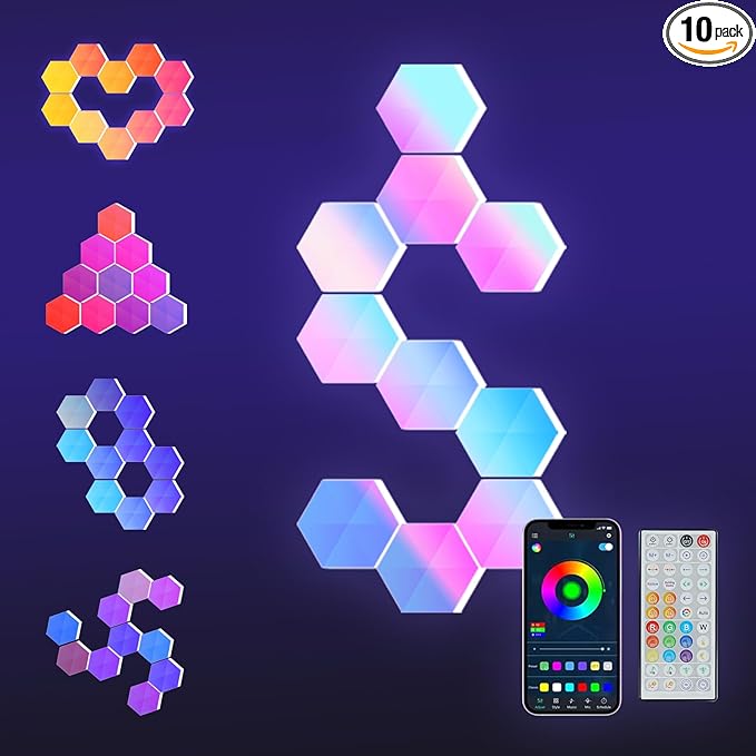 Smart Hexagon Lights DIY Hexagon Led Light App & Remote Controlled & Music Sync Features USB & Type C Modern RGB Wall Panels for Living & Gaming Decor (10Pack)