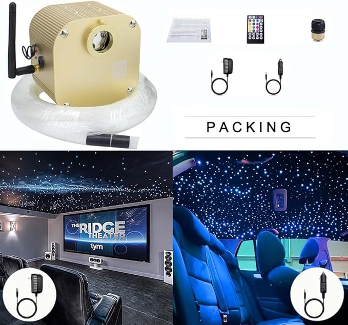 AZIMOM Bluetooth16w Twinkle Fiber Optic Lights Star Ceiling Lighting Kits Mixed 335pcs 13.1ft Fiber Strands End Glow RGBW Music Mode Light Source Car Use Headliner Home Decor