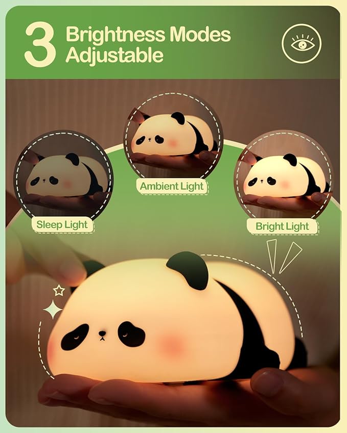 ATSUI Cute Panda Night Light, LED Squishy Novelty Animal Night Lamp, Food Grade Silicone 3 Level Dimmable Nursery Nightlight for Desk Decor, Funny Gifts Stuff for Boys Girls Baby, White Elephant Gifts