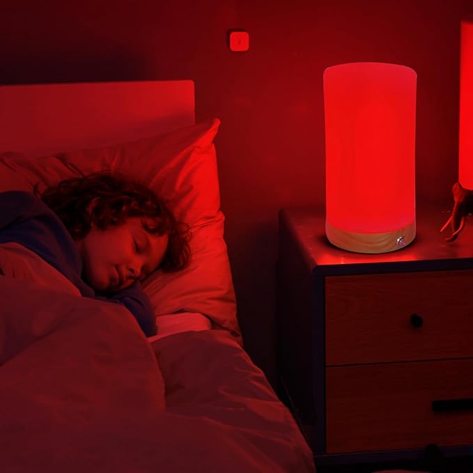 Revive - Red Light Lamp: Red Light for Sleep 660nm Melatonin Promoting Natural Sleep Aid, Bedroom & Nursery Nightlight (Milk Shade and Wood Base)