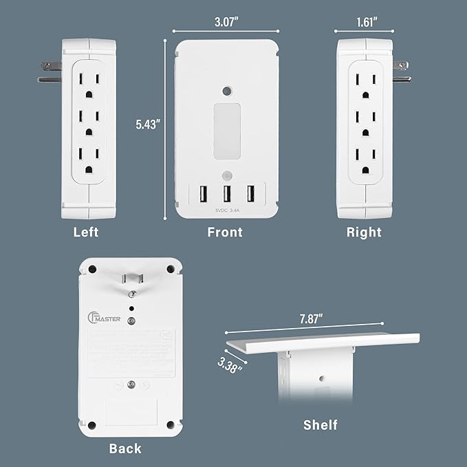 Wall Outlets Extender-2 Pack Surge Protector Outlet Wall Plug with 6 AC Outlets, USB Ports (3.4A Total), 15 A, Removable Outlet Shelf, Smart Night Light, 1020J, Wide Compatible