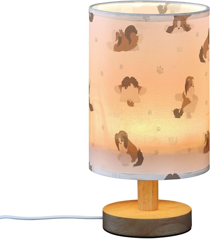 Table Lamp Yoga Shih Tzu Dogs Nightstand Lamp with Wood Base Fabric Lamp Shade Bedside Desk Lamp for Living Room Bedroom Kids Room Office