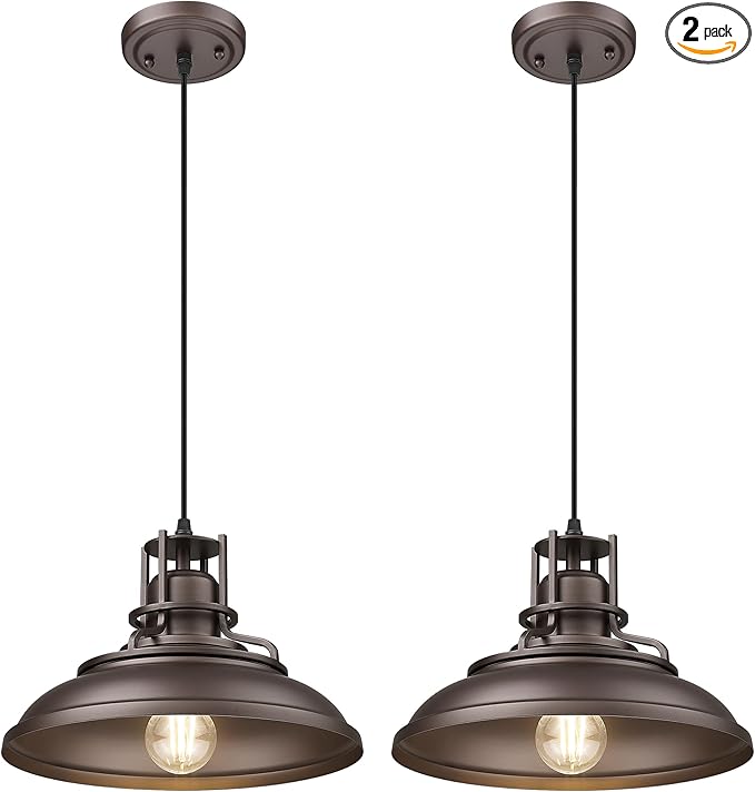 FEMILA Industrial Pendant Lights Fixture,2 Pack Farmhouse Hanging Lights for Kitchen Island,12" Oil Rubbed Bronze Finish, 4FY15-MP-2PK ORB