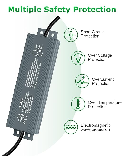 12V LED Driver 60W 10.8FT 12V LED Power Supply 5A 110V AC to DC Converter 12Volts Transformer Waterproof IP68 Ultra Thin Adapter 12 V 5A Power Supply 60Watts for LED Strip Light Surveillance Camera