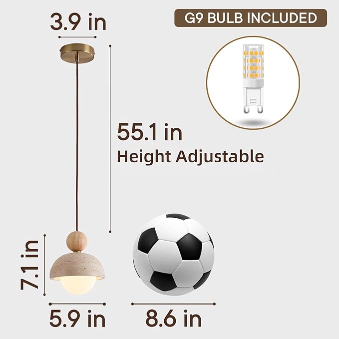 Natural Stone Pendant Light, Wabi Sabi Travertine & Wood Hanging Lamp for Kitchen Island, Hallway, Bedroom, Dining Room Ceiling Decor (G9 Bulb, 5.9 in Stone Round, 1pcs)