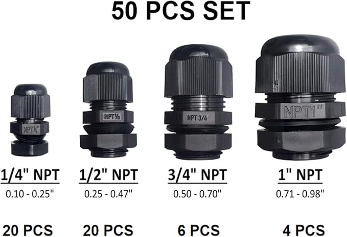 50 Pcs 1/4" 1/2" 3/4" 1" NPT Black Nylon Cable Gland, Waterproof IP68 Adjustable Locknut Cable Diameter Waterproof Connectors Black Cord Grip
