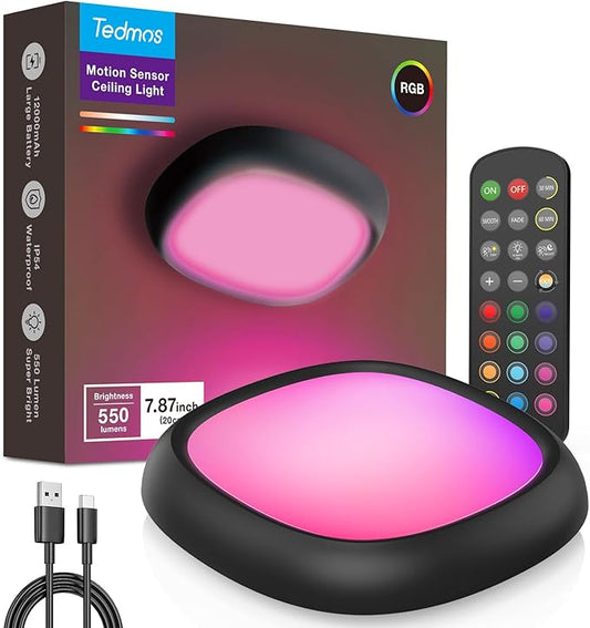 Motion Sensor Rechargeable Ceiling Light with Remote, 550LM 12000mAh Wireless IP54 Waterproof Shower Lights Battery Operated RGB Closet Light Sensored Indoor LED Overhead Lighting No Wiring for Garage