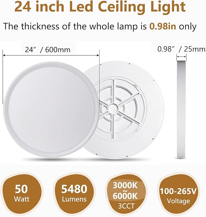 24 Inch Large LED Flush Mount Ceiling Light, 50W, 5480LM, 3000K/4000K/6000K CCT Selectable,Super Slim Low Profile Round Flat Panel Light for Bedroom,Kitchen,Hallway (White 1PK)