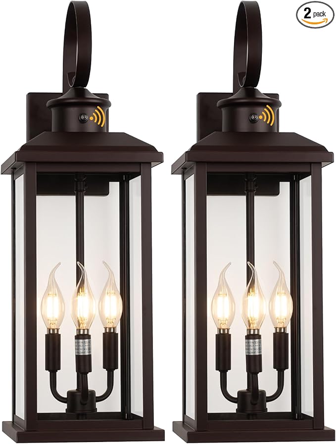 2Pack Dusk to Dawn Outdoor Wall Light Fixture, 24in Bronze Large 3-Light Modern Porch Lantern, Waterproof Exterior Lighting Sconce Wall Mount, Outside Lamp for House Garage Patio E12 Base