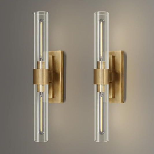Wall Sconces Set of 2, Gold Wall Lighting Fixtures with Clear Glass, Mounted Lamps for Bedroom, Bathroom, Living Room, Hallway