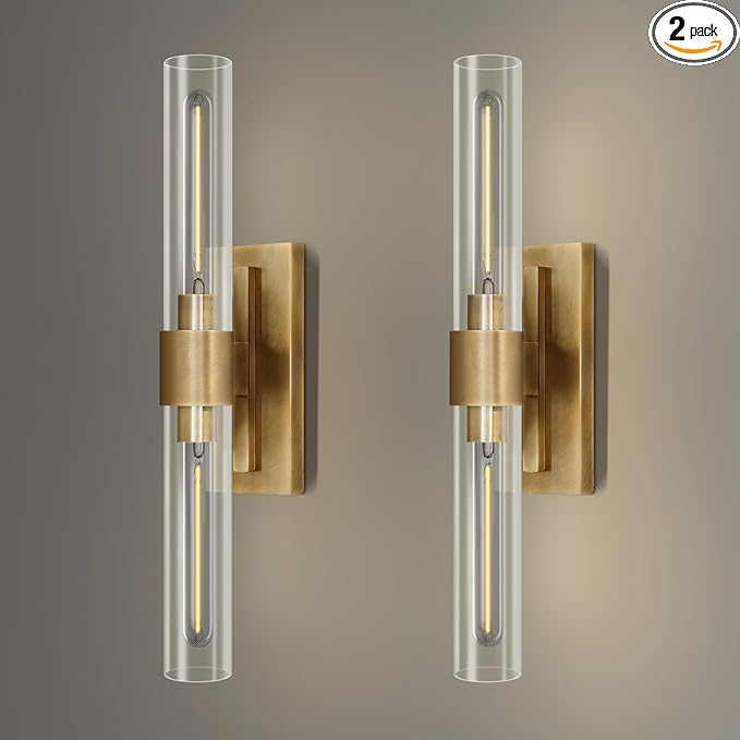 YUYI Brass Wall Sconces Set of Two, 22.8'' Gold Bathroom Sconces Wall Decor with Clear Glass Shade, Indoor Vanity Wall Lights for Bathroom Living Room Bedroom Hallway Fireplace Staircase