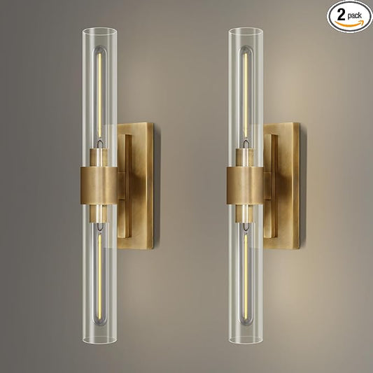 YUYI Brass Wall Sconces Set of Two, 22.8'' Gold Bathroom Sconces Wall Decor with Clear Glass Shade, Indoor Vanity Wall Lights for Bathroom Living Room Bedroom Hallway Fireplace Staircase