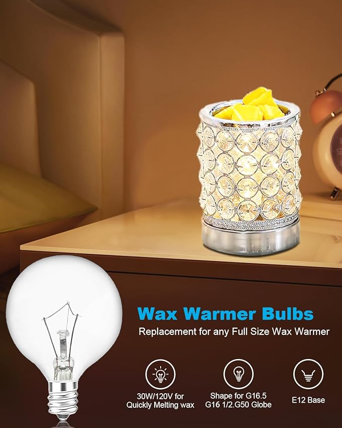 30 Watt G50 Wax Warmer Light Bulbs, Replacing Bulbs for Full Size Scentsy Warmers, E12 Base G16.5 Globe Clear Bulb for Candle Wax Warmer, Long Lifespan, 120 Volt (6 Pack)