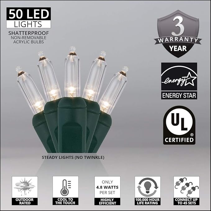 50 Cool White Christmas Tree Lights T5 LED, 25.5 ft Green Wire Indoor/Outdoor Commercial Grade Mini String, Holiday and Party Lighting